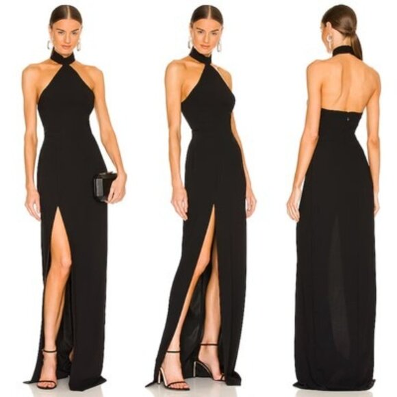 New Amanda Uprichard long queen dress black maxi split hem halter backless gown - Picture 1 of 8